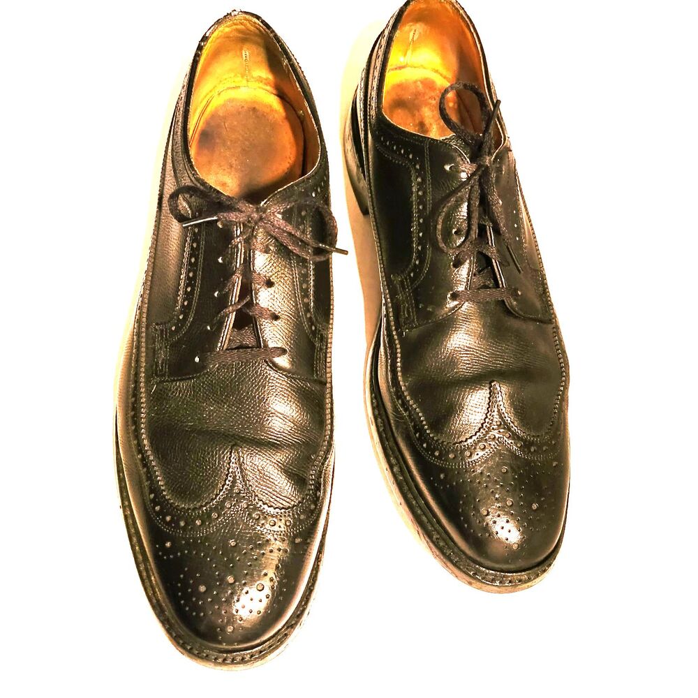 VTG 70s Florsheim Imperial Kenmoor 12 C Black Longwing Blucher Gunboat Men Shoes - Picture 3 of 16